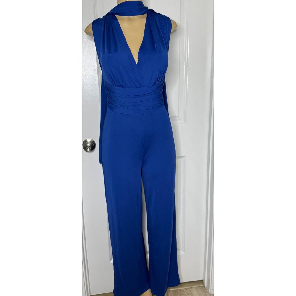 Blue Sleeveless Crisscross Back Jumpsuit With Plunging V-Neck & Wide Leg Design